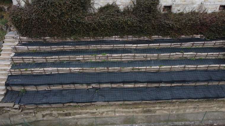 Realizzazione fotovoltaica iS ENERGY a San Pietro Val Lemina: Dettaglio ravvicinato ante operam del piano di posa e dei filari, utile a leggere la complessita del supporto esistente.