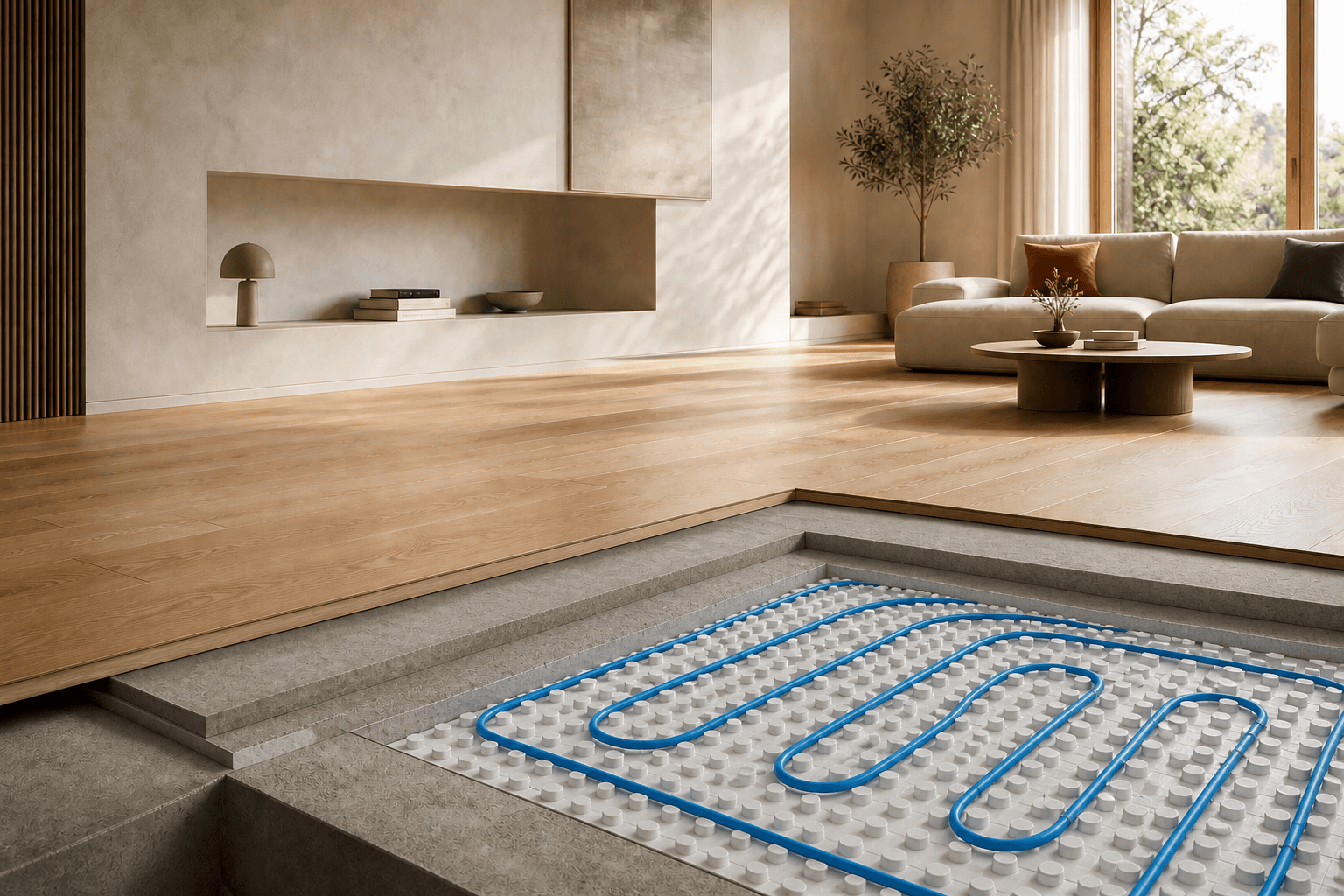 Impianto radiante classico con pannello bugnato e serpentine blu
