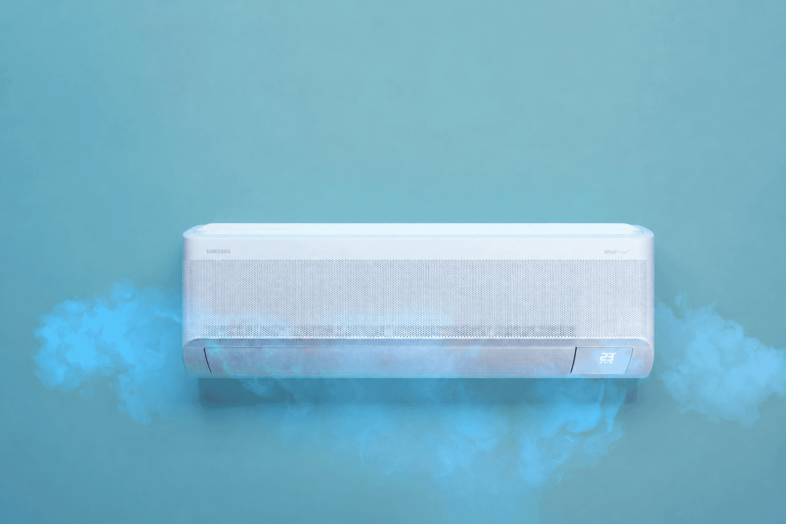 Climatizzatore Samsung Bespoke AI WindFree su sfondo azzurro