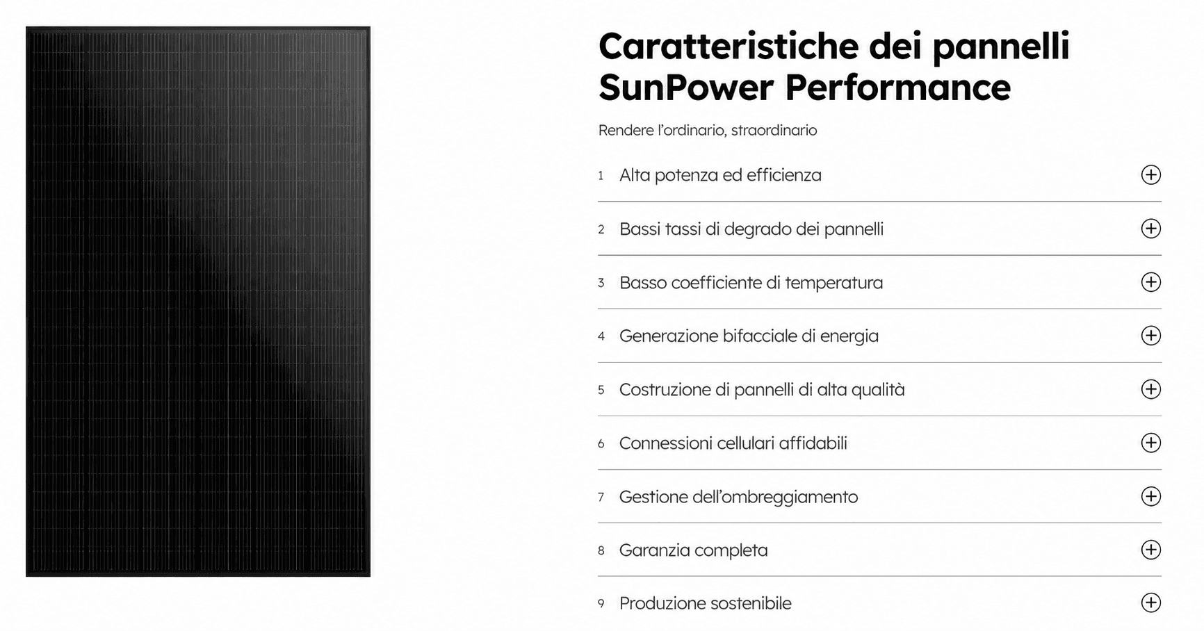 Grafica con pannello SunPower Performance e nove caratteristiche principali
